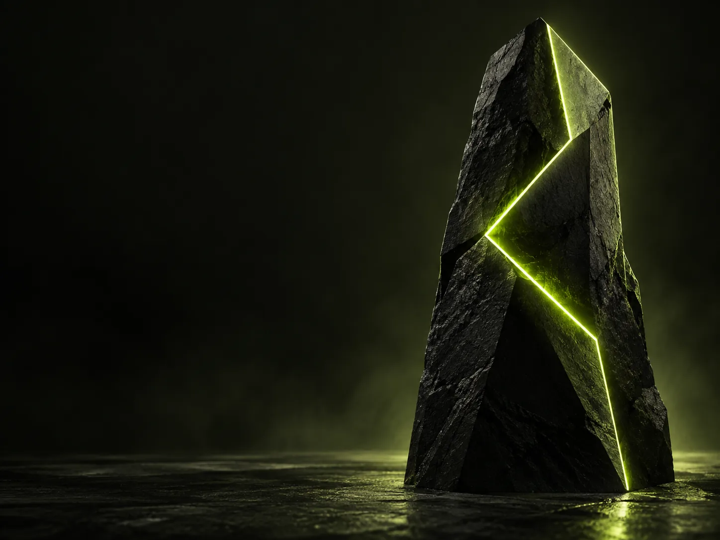 Faceted black monolith with a glowing lime seam