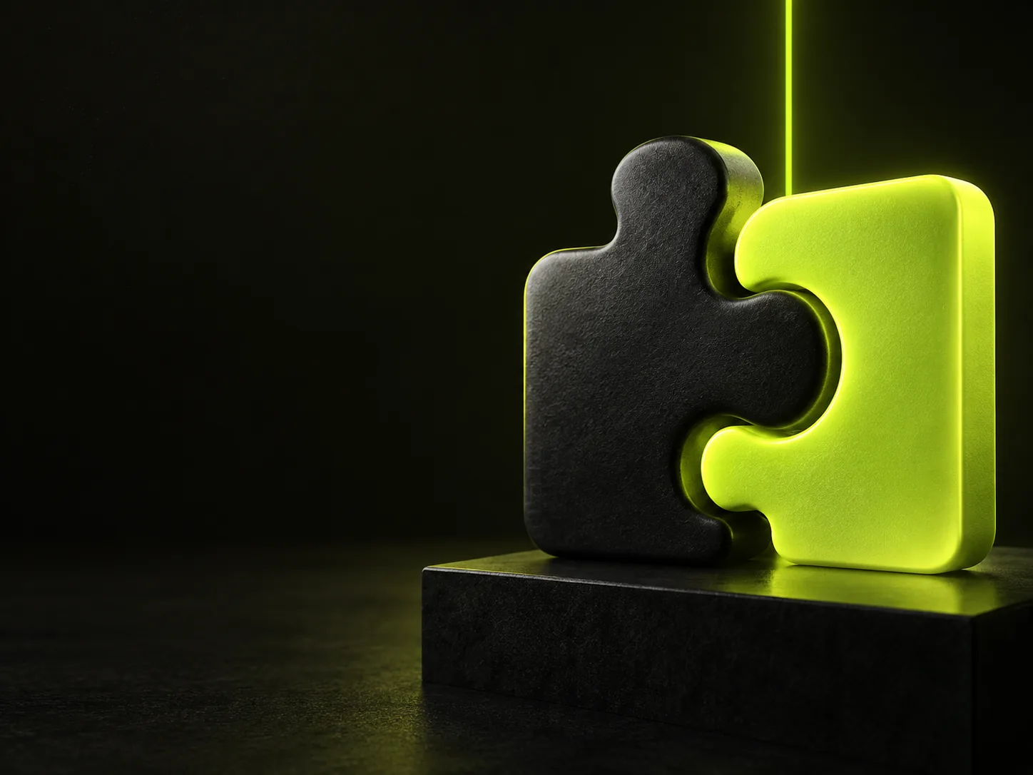 Interlocking black and lime forms with a rising line