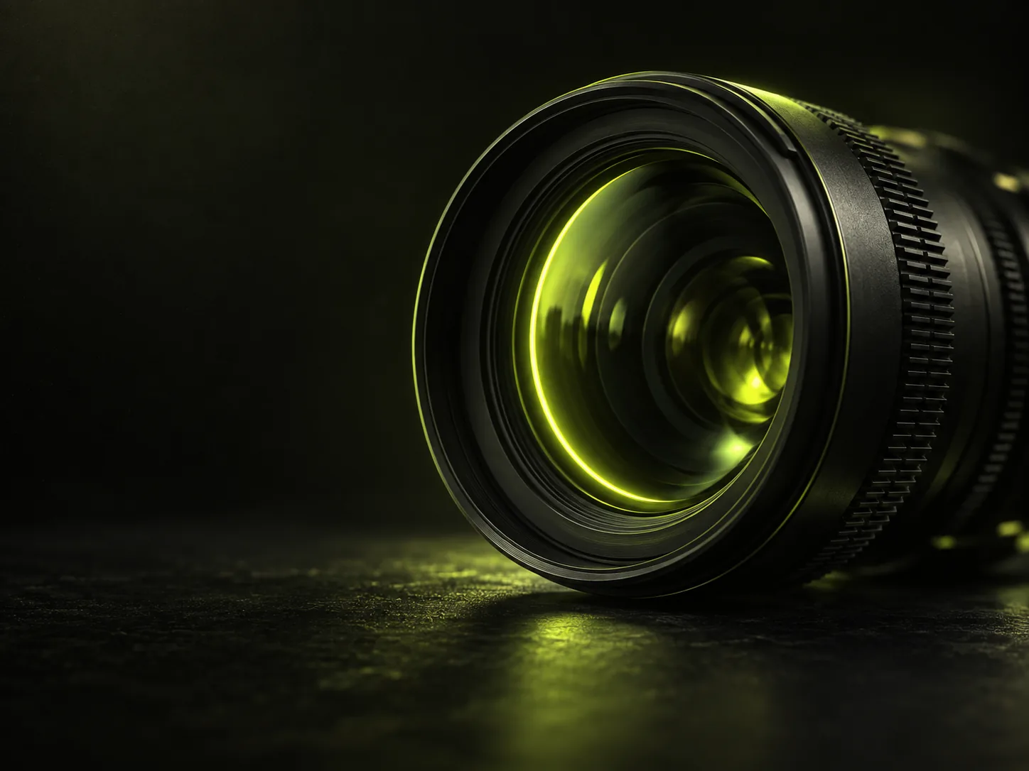 Cinema lens reflecting a lime ring light