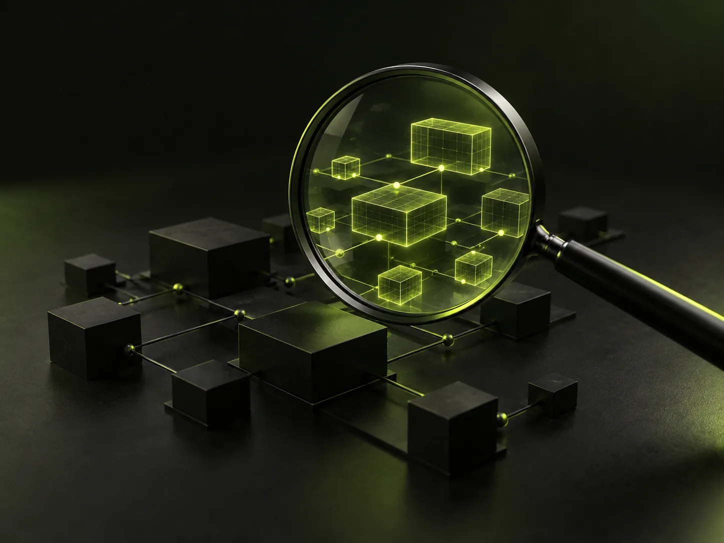 Magnifying glass revealing the wireframe structure of a website map