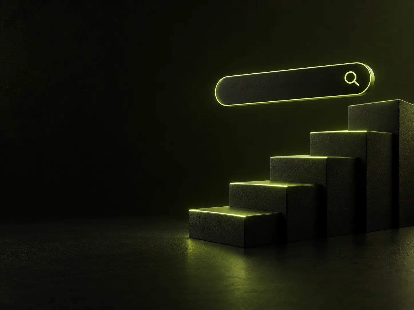 Glowing search bar beside a staircase of rising steps