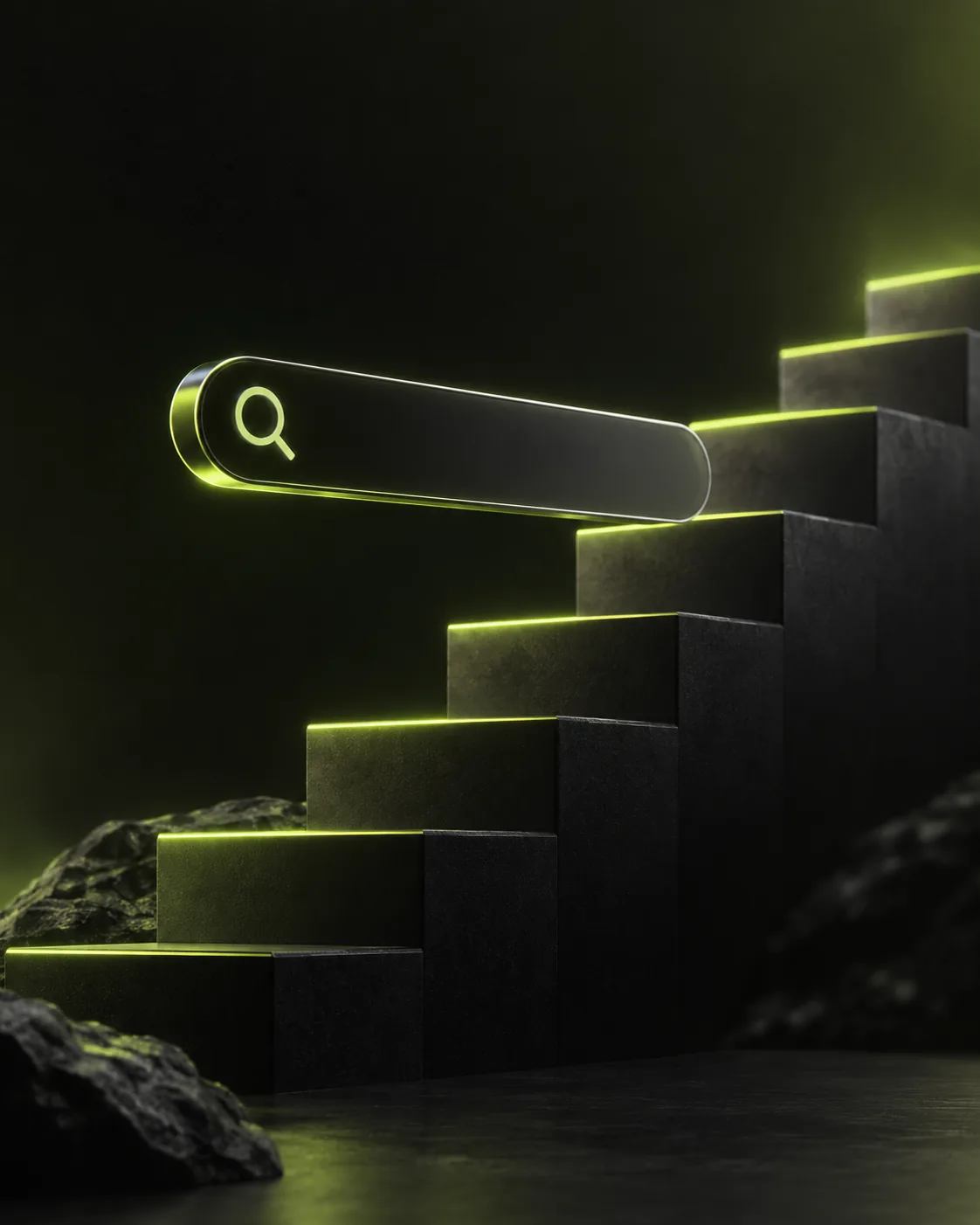 Glowing search bar beside a staircase of rising steps