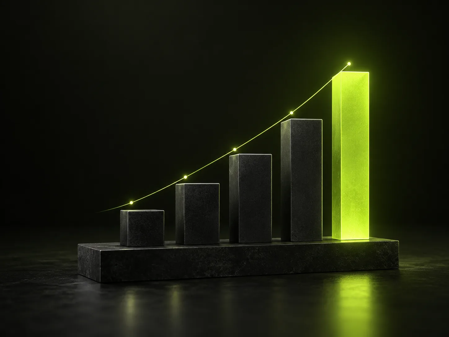 Sculptural bar chart rising left to right with the tallest bar glowing