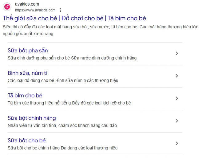 AVAKids Google search result with category sitelinks
