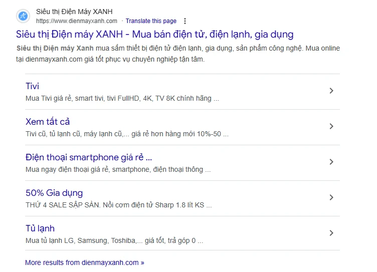 Dien May Xanh Google search result with category sitelinks