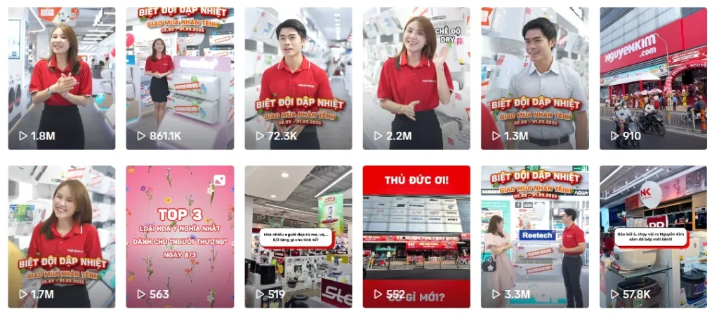 Grid of Nguyen Kim TikTok videos and their view counts