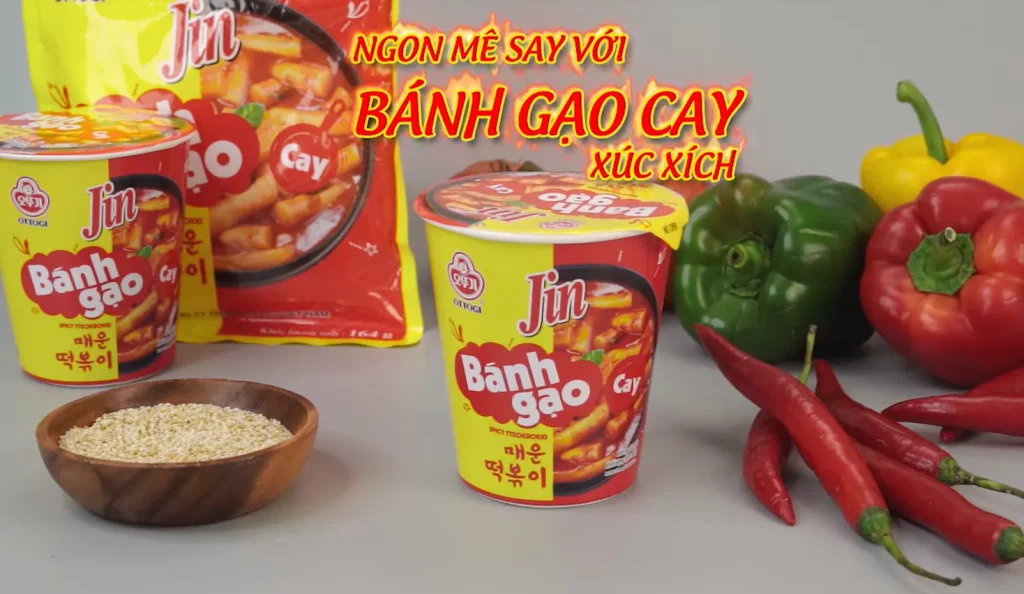 Ottogi spicy rice cake cup noodles styled with chillies
