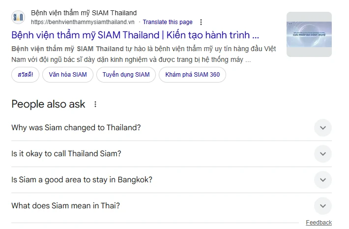 SIAM Thailand aesthetic hospital Google search result