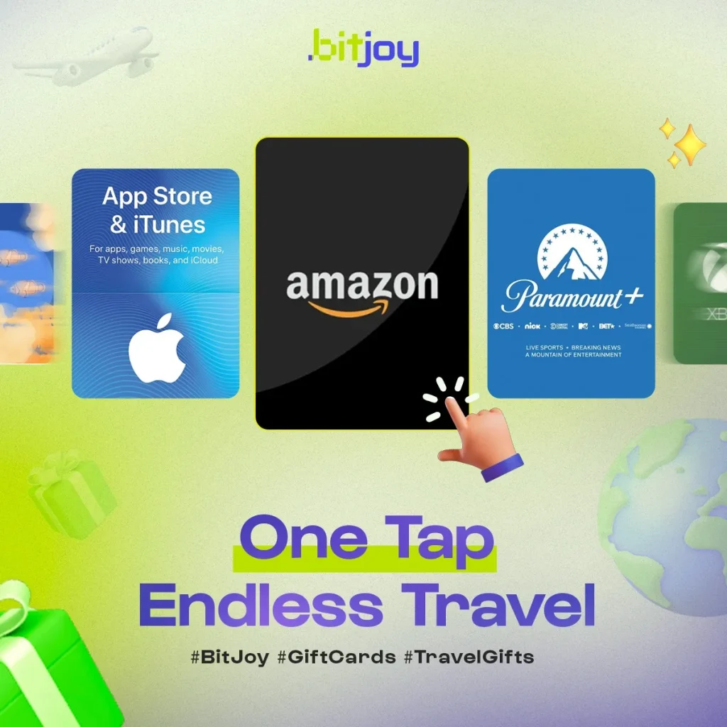 The BitJoy gift cards "One tap, endless travel" social post