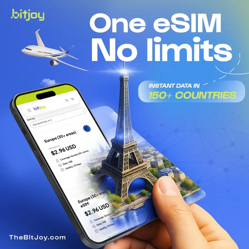 The BitJoy "One eSIM, no limits" social post